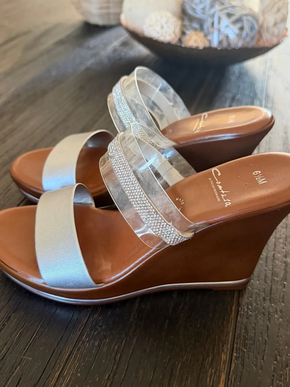 Clarks Brown Wedge Sandals with Silver and Clear Rhinestone Straps